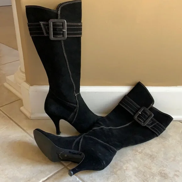 Carisma Black Suede Tall Boots w Buckle Sz 8.5 made in Italy - Picture 2 of 16